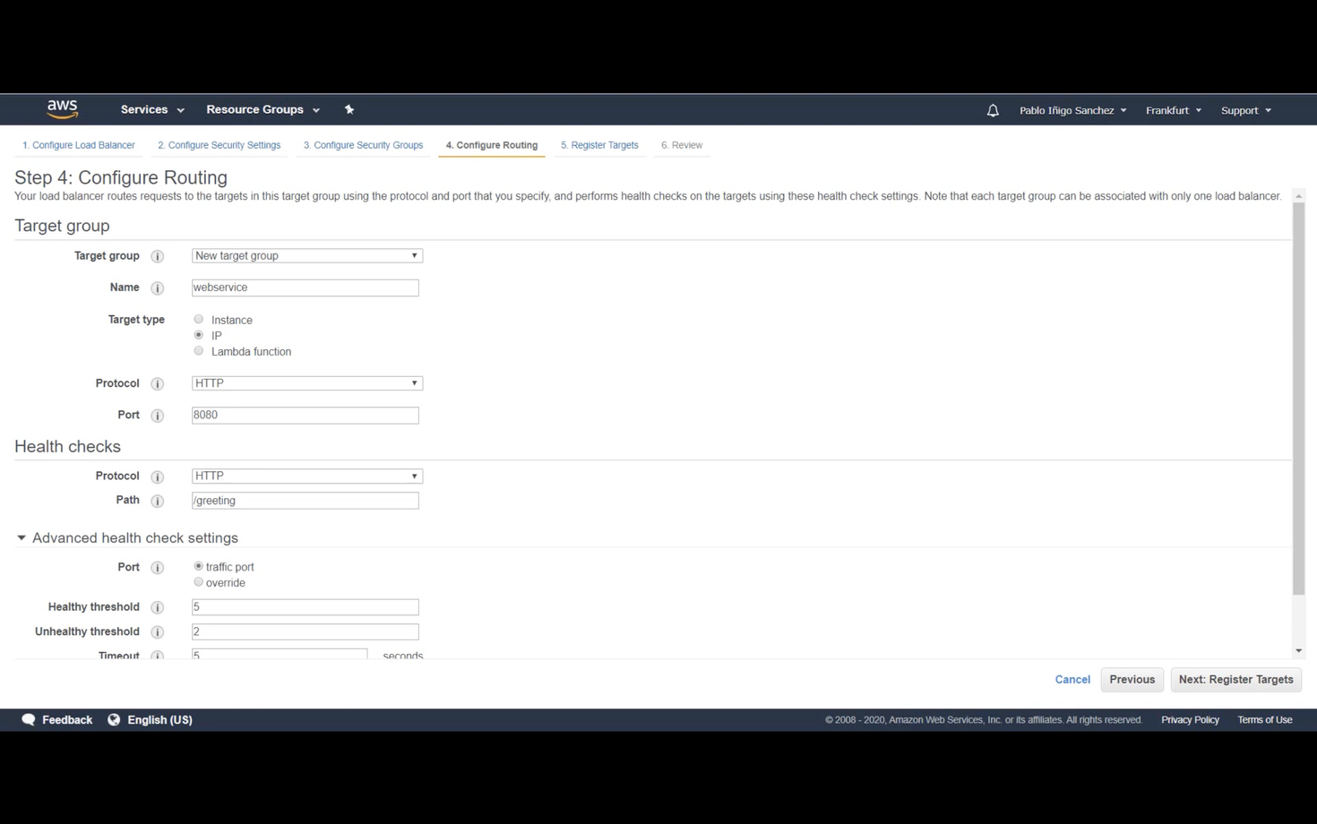 AWS configuration screen for setting up routing on a load balancer. Options include setting target group name as "webservice," selecting target type, protocol as HTTP, and port 8080. Health checks set to path "/greeting" with advanced settings for thresholds and timeouts.