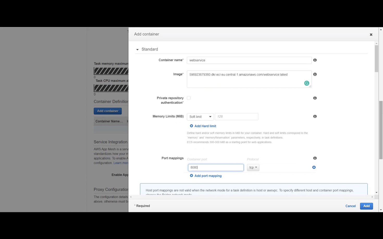 AWS container setup interface showing fields for container name, image URL, memory limits, and port mappings. Port 8080 is specified with TCP protocol. Options for private repository authentication and hard memory limits are visible. "Add" and "Cancel" buttons are at the bottom.