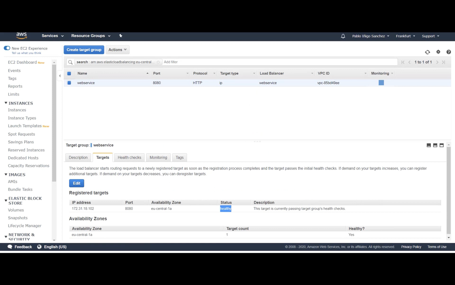 AWS EC2 management console showing a target group named 'webservice' with protocol HTTP on port 8080. A registered target with an IP address is listed as healthy in the eu-central-1a availability zone. Options for description, targets, health checks, and monitoring are available.