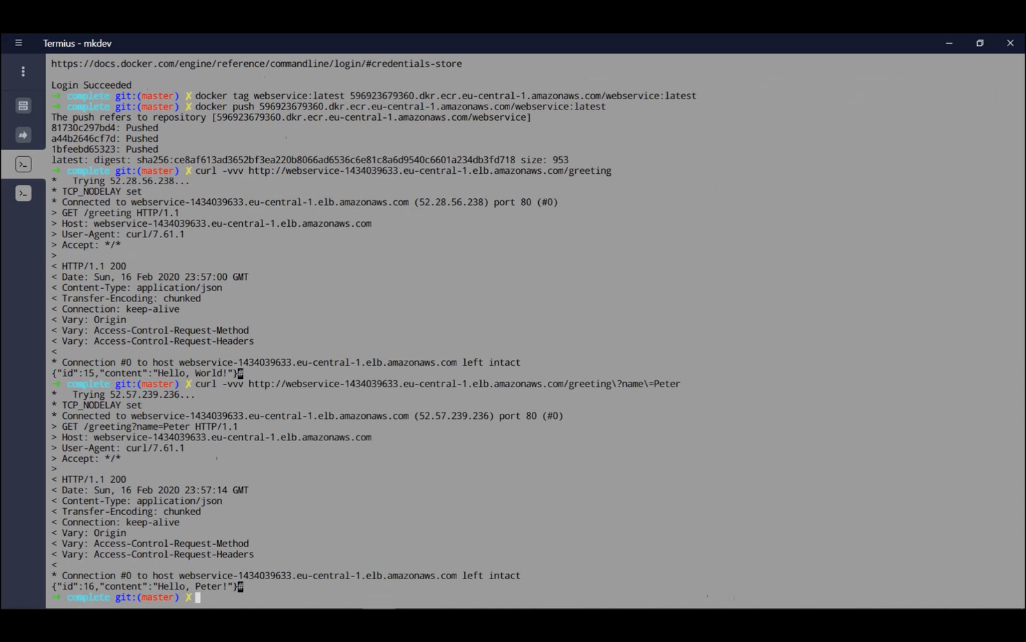 Terminal window displaying Docker commands for tagging and pushing an image, followed by cURL requests to an AWS server endpoint. Responses show JSON content with greetings, including "Hello, World!" and "Hello, Peter!"