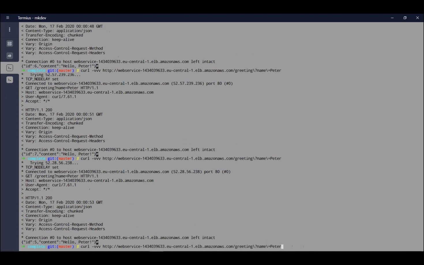 Terminal window displaying curl HTTP requests to an AWS web service, querying a greeting endpoint with the name "Peter." Responses include JSON with status 200 and message "Hello, Peter!" Visible headers include content type, connection, and user-agent details.