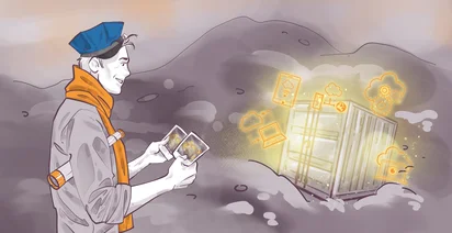 Illustration of a person holding photos, wearing an orange scarf and a blue hat, standing beside a large open crate with glowing digital symbols like cloud storage, gears, and devices emerging from it.