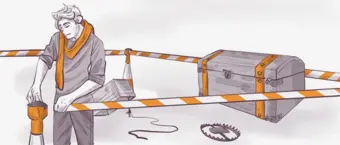 Illustration of a person in a scarf working on a tripod behind warning tape. Nearby are a wooden chest with lock and striped steel bands, a bear trap, and tools, suggesting a construction or archaeological setting. Soft, muted colors enhance the scene.