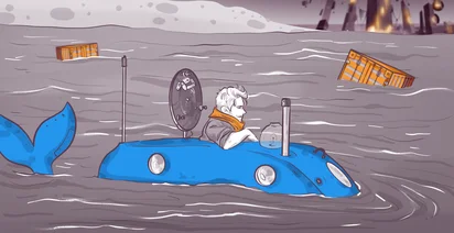 Cartoon man with orange scarf in a small blue submarine, surrounded by water. A whale tail is visible behind the submarine. Two orange shipping containers float in the background. The sky is grey, and a cityscape with lights is seen in the distance.