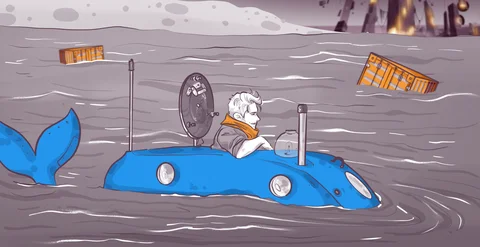 Cartoon man with orange scarf in a small blue submarine, surrounded by water. A whale tail is visible behind the submarine. Two orange shipping containers float in the background. The sky is grey, and a cityscape with lights is seen in the distance.
