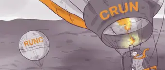 Illustration of two hot air balloons in shades of grey and orange. The closest balloon has "CRUN" written on it with flames inside, piloted by a person looking down. In the background, another balloon reads "RUNC" against a cloudy sky.