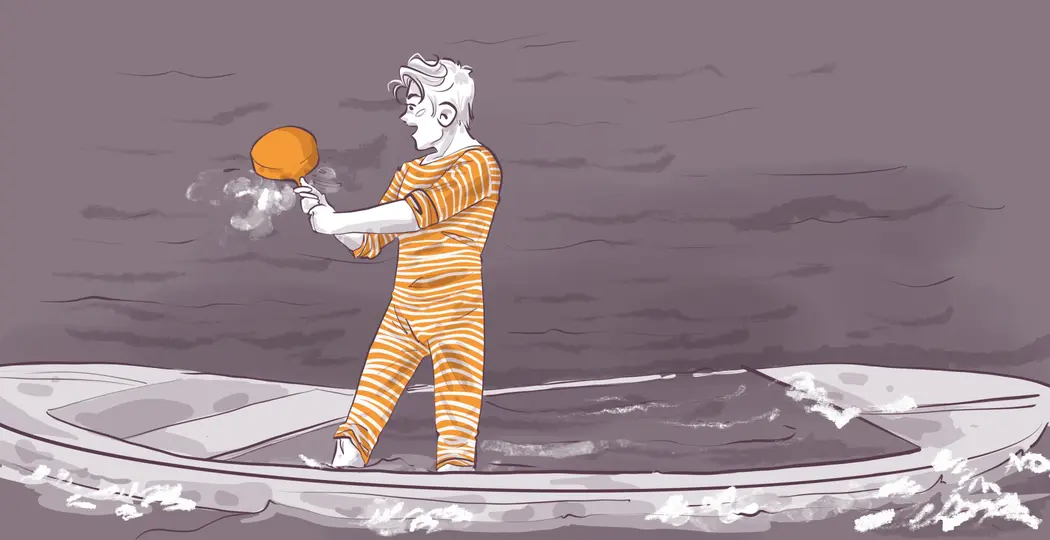 Illustration of a person wearing an orange and white striped outfit standing in a small canoe on water. They are holding an orange balloon, and the background is a muted grayish-purple with soft, wavy lines suggesting movement. White splashes around the boat hint at gentle water activity.