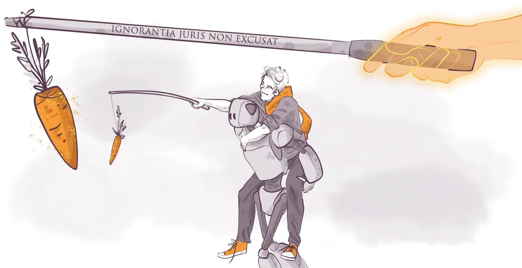 Illustration of a person riding a large mechanical creature, holding a stick with a small carrot dangling from it. Another larger carrot is shown behind, with a hand reaching toward it. The stick is labeled "Ignorantia juris non excusat."