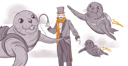Illustration of a man in a top hat and scarf holding a whip, surrounded by flying seals with jetpacks. The seals appear joyful and are depicted mid-flight. The scene has a whimsical and playful tone.