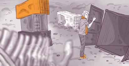 Illustration of a person with a scarf and tousled hair pointing at an open container door in a desolate, monochrome environment. Visible are an orange shipping container and blurry foreground elements resembling pipes or bones. The mood is mysterious and industrial.