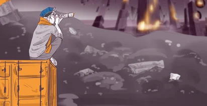 Illustration of a person with blue cap and orange scarf using a telescope while sitting on an orange container. They overlook a gloomy landscape filled with debris and distant burning structures, under a purple sky.