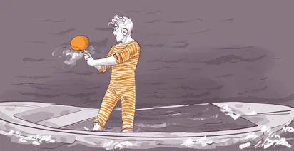 Illustration of a person in an orange and white striped outfit standing on a surfboard-like platform in a body of water, holding an orange object with steam rising from it. The scene has a stylized, monochromatic purple background.