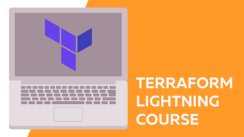 Graphic of a laptop with the Terraform logo on the screen and text that reads "TERRAFORM LIGHTNING COURSE" on an orange background.