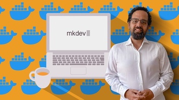 Man in a white shirt smiling with a laptop showing 'mkdev' on the screen, a coffee cup, and a pattern of blue Docker logos in the background.