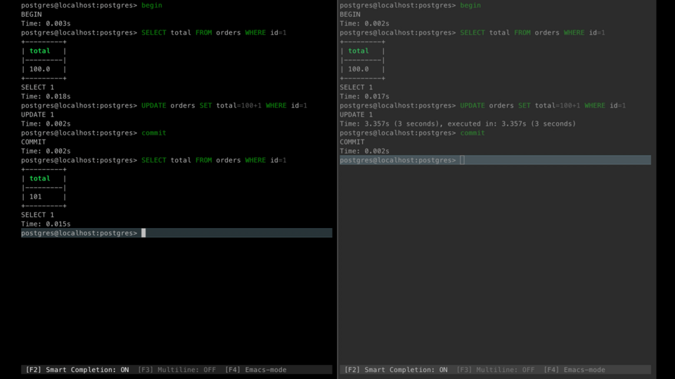 Two terminal windows showing PostgreSQL commands for selecting and updating data within a database, illustrating SQL transaction commands and output.