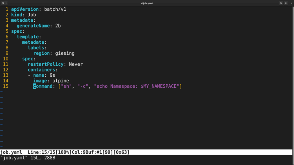 A screenshot of a computer screen displaying a YAML configuration file for a Kubernetes job with various parameters including apiVersion, kind, metadata, and spec.