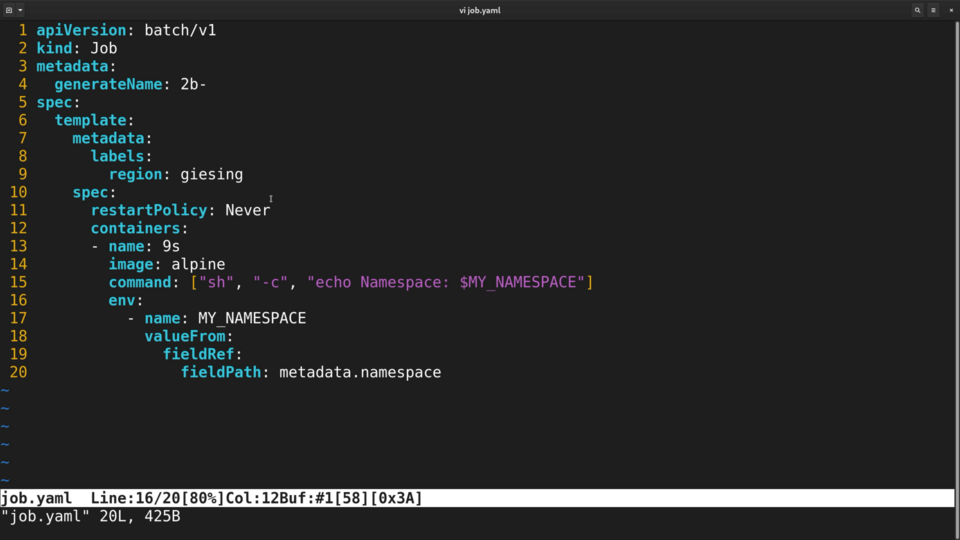 A screenshot of a YAML configuration file for a Kubernetes Job resource being edited in a text editor with syntax highlighting.