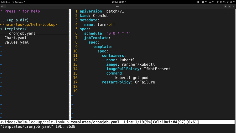 A screenshot of a computer screen displaying a terminal with an open text editor, Vim, showing YAML configuration for a Kubernetes cron job with code and file structure visible on the left side.