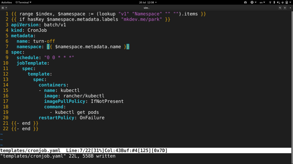 Screenshot of a computer terminal with code open in Vim editor, showing a Kubernetes cron job configuration YAML file.