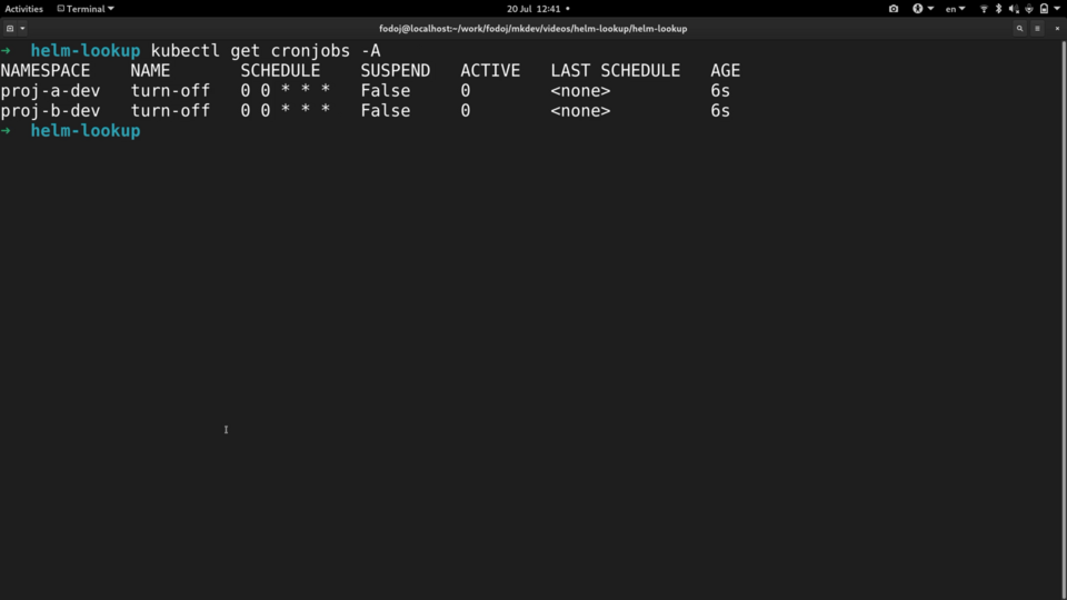 Screenshot of a computer terminal displaying the output of a 'kubectl get cronjobs' command with entries for 'proj-a-dev' and 'proj-b-dev' namespaces.