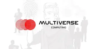Illustration of a person interacting with a fingerprint scanner, featuring the text "Multiverse Computing" and a logo of red parallel stripes forming two circles. Background silhouettes depict people and digital interactions, symbolizing technology and innovation.