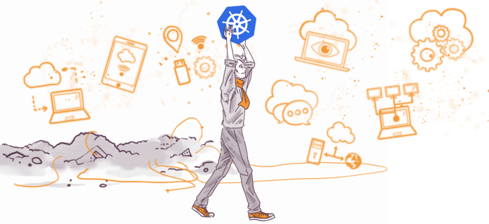 Illustration of a person lifting a Kubernetes logo, surrounded by technology and cloud computing icons like gears, clouds, devices, and arrows, with splashes of orange and black.