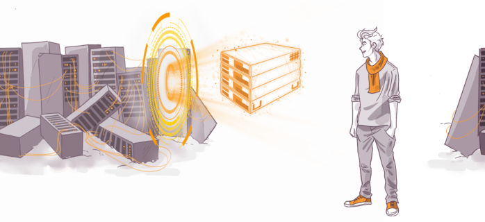 Illustration of a person standing next to a glowing portal, through which a futuristic building is seen, with another building appearing separately, surrounded by a disintegration effect.