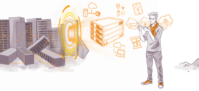 An illustrated banner depicting a transition from a traditional data center with servers to modern cloud computing, featuring a man interacting with abstract cloud symbols and gears.