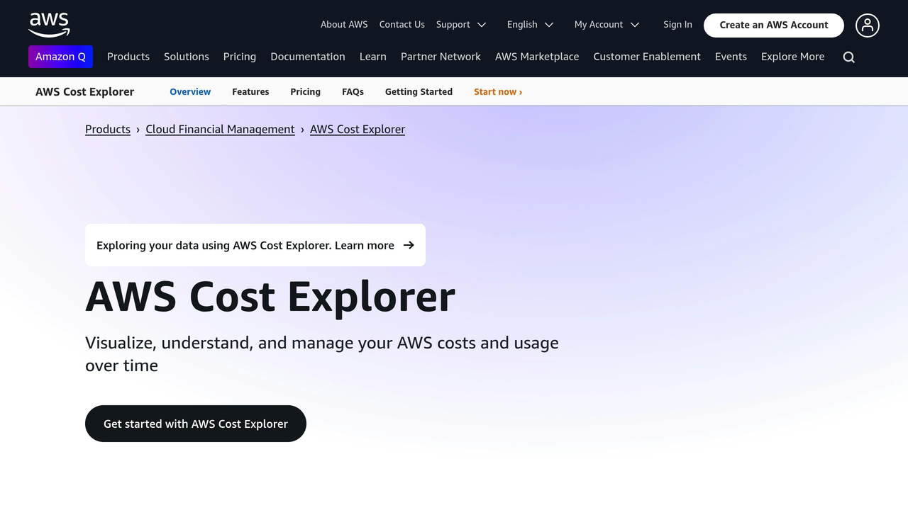 AWS Cost Explorer page with navigational links at the top, a purple gradient background, and text inviting users to explore data using AWS Cost Explorer. A button labeled "Get started with AWS Cost Explorer" appears below the main heading.