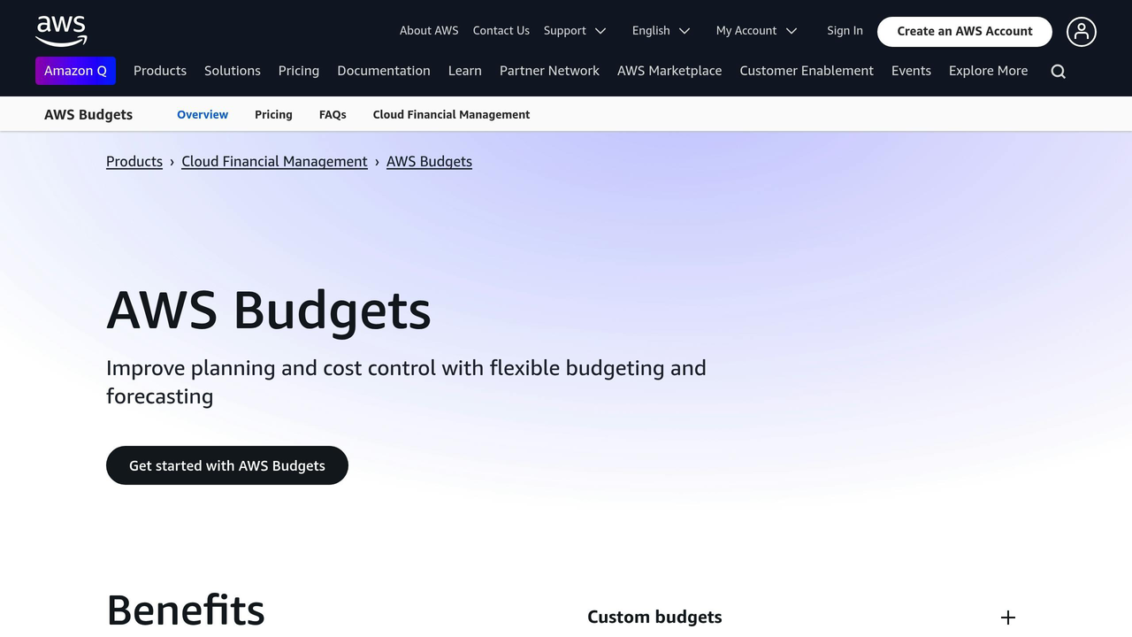 Screenshot of the AWS Budgets webpage with navigation bar, main heading "AWS Budgets", subheading "Improve planning and cost control with flexible budgeting and forecasting", and a button labeled "Get started with AWS Budgets".