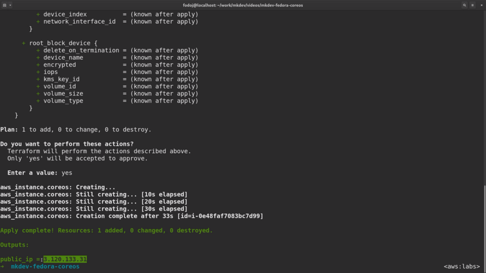 Screenshot of a computer terminal showing Terraform code execution with plan summary and prompt confirmation, leading to a successful creation of an AWS instance, displaying a public IP address.