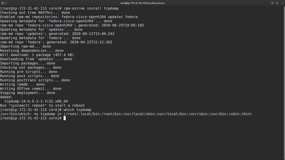 A screenshot of a terminal with text showing the installation process of the 'tcpdump' package on a Fedora operating system, including repository updates and package import steps.