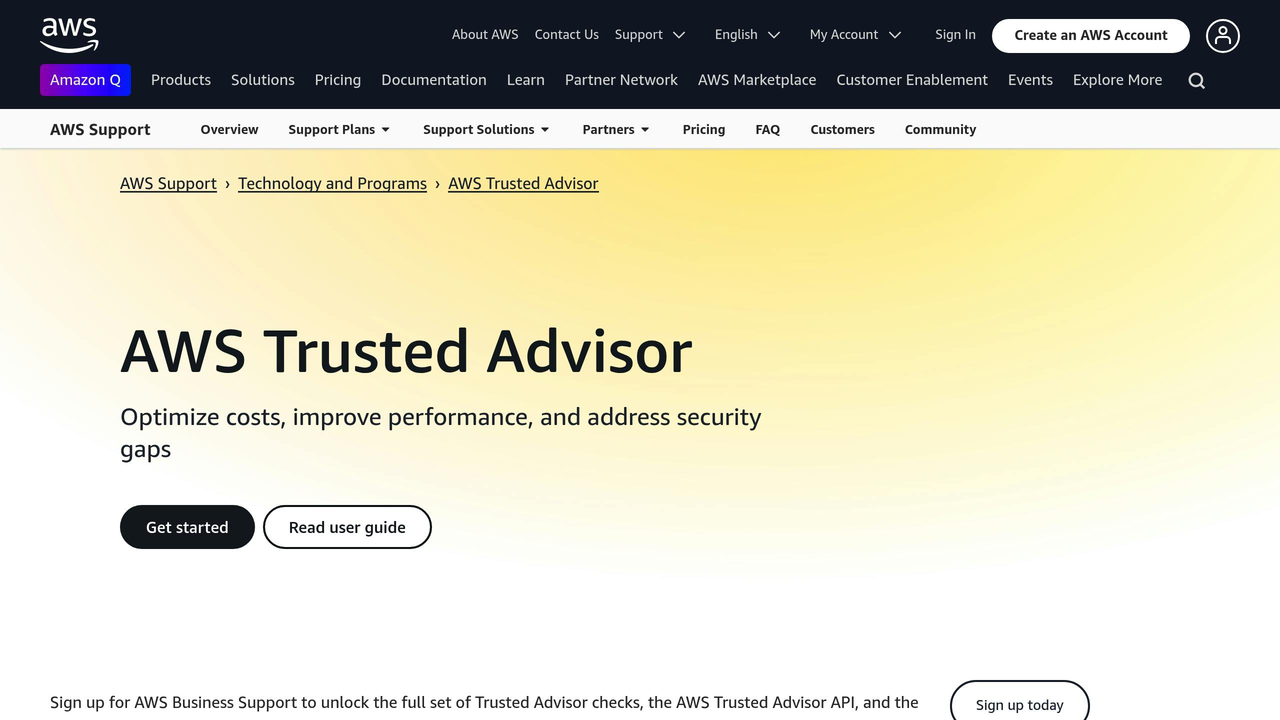"Screenshot of AWS Trusted Advisor webpage showing navigation menu, page title, description on optimizing costs, performance, and security, with buttons labeled 'Get started' and 'Read user guide' on a yellow gradient background."