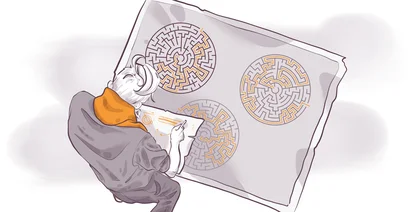 Illustration of a person with a bun hairstyle and orange scarf analyzing a set of three circular mazes on a large sheet. The mazes have intricate paths, highlighted in orange, indicating a potential solution or focus. The scene implies problem-solving or strategic planning.