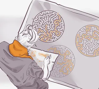 A person with white hair and an orange scarf studies a large sheet displaying three intricate circular mazes, some paths highlighted in orange. They hold a sketchpad and pencil, appearing deep in concentration as they plan or solve the puzzle designs.