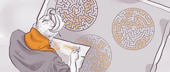 Person with orange scarf studies complex circular mazes on a large sheet, holding a pen and paper. Three mazes with intricate paths are visible, featuring contrasting lines of yellow and purple, with one maze partially completed on the paper. Scene is drawn in a stylized, illustrative style.