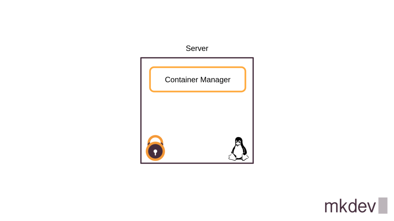Illustration of a computer server with the words "Container Manager" inside, an icon of a padlock, and a penguin mascot, representing a Linux system, in the bottom right corner, with the logo "mkdev" at the bottom.