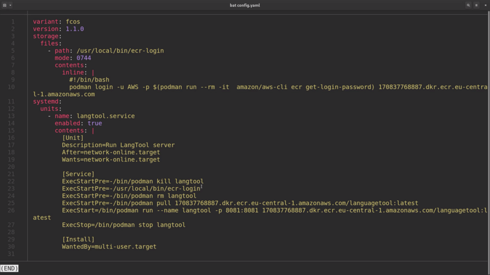 A screenshot of a text editor displaying a YAML configuration file with scripts and service definitions for a server setup, including commands for Docker and service start instructions.