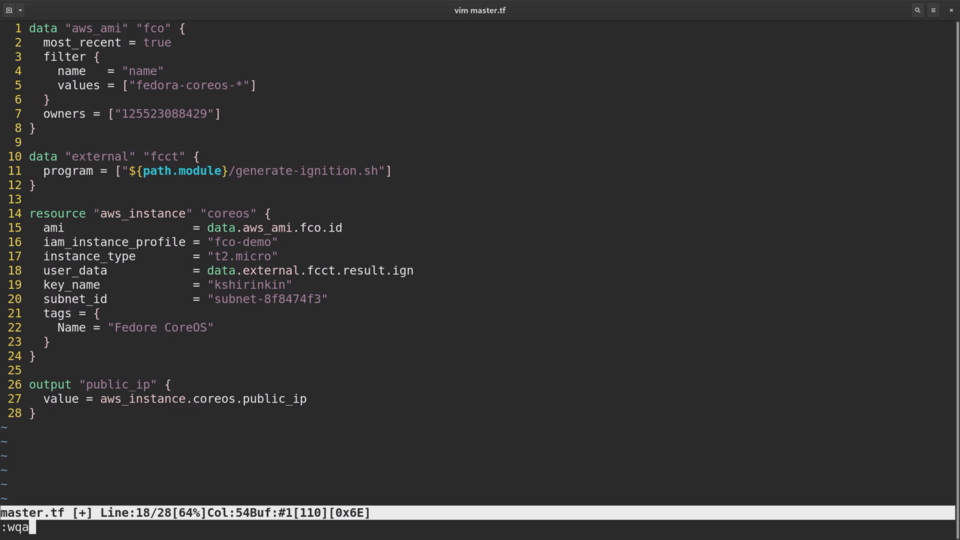 Screenshot of a computer screen displaying code in the Vim editor, specifically a Terraform configuration file for provisioning AWS infrastructure.