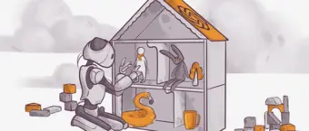 A robot sitting and playing with a dollhouse filled with toys like a penguin, rabbit, and inflatable flamingo. Blocks are scattered on the floor, and the background is simple with soft clouds. The scene is illustrated in a monochromatic and orange palette.