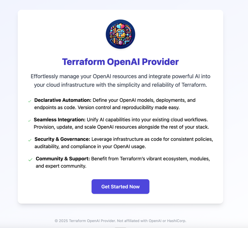 Icon of a colorful hand and robot over text, "Terraform OpenAI Provider," detailing features like declarative automation, seamless integration, security, and community support for managing AI resources. A "Get Started Now" button is at the bottom.