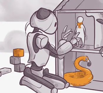 Illustration of a robot arranging items in a dollhouse. A small figure wearing an orange scarf stands inside, while an inflatable flamingo pool toy is next to it. Building blocks are scattered on the ground nearby.
