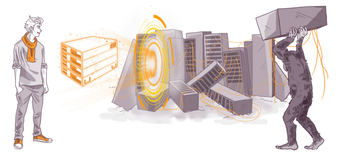 Illustration of a casual man observing chaos in a stylized urban scene with a radiant portal, alongside a creature carrying a geometric object, suggesting a surreal or futuristic scenario.