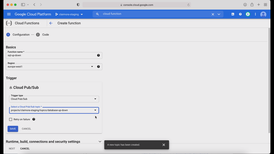 Screenshot of a Google Cloud Platform interface configuring a new cloud function with fields for function name, region, and trigger type set to Cloud Pub/Sub.