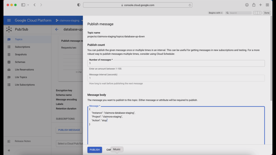 Screenshot of Google Cloud Platform's Pub/Sub section with a 'Publish message' window open, showing fields for Topic name, Publish count, and Message body.