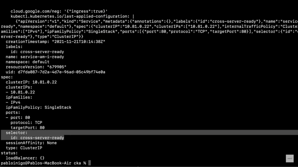 Screenshot of a computer terminal displaying Kubernetes service configuration YAML, including metadata, spec details with ports, and a command prompt at the bottom.