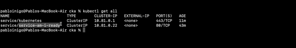 Terminal screen with output from Kubernetes 'kubectl get all' command showing two services with cluster IPs, ports, and age but no external IPs.