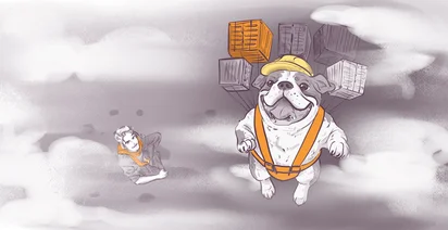 A cartoon of a dog wearing a yellow hat and orange harness flying through a cloudy sky with parachutes attached to crates. Below, a man with gray hair and an orange scarf floats upside down. The scene has a whimsical, adventurous feel.