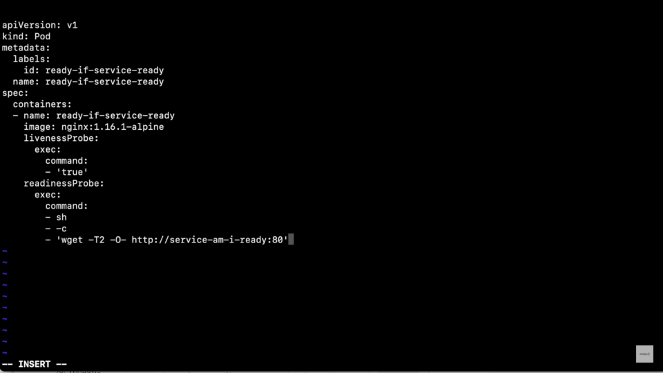 Screenshot of a computer terminal displaying a Kubernetes pod configuration file with liveness and readiness probes commands for an Nginx container.