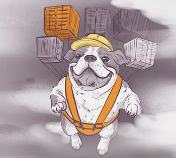 Illustration of a bulldog wearing a yellow hard hat and orange harness flying in the air. The harness is attached to several strings connected to floating shipping containers. The background is a cloudy sky.